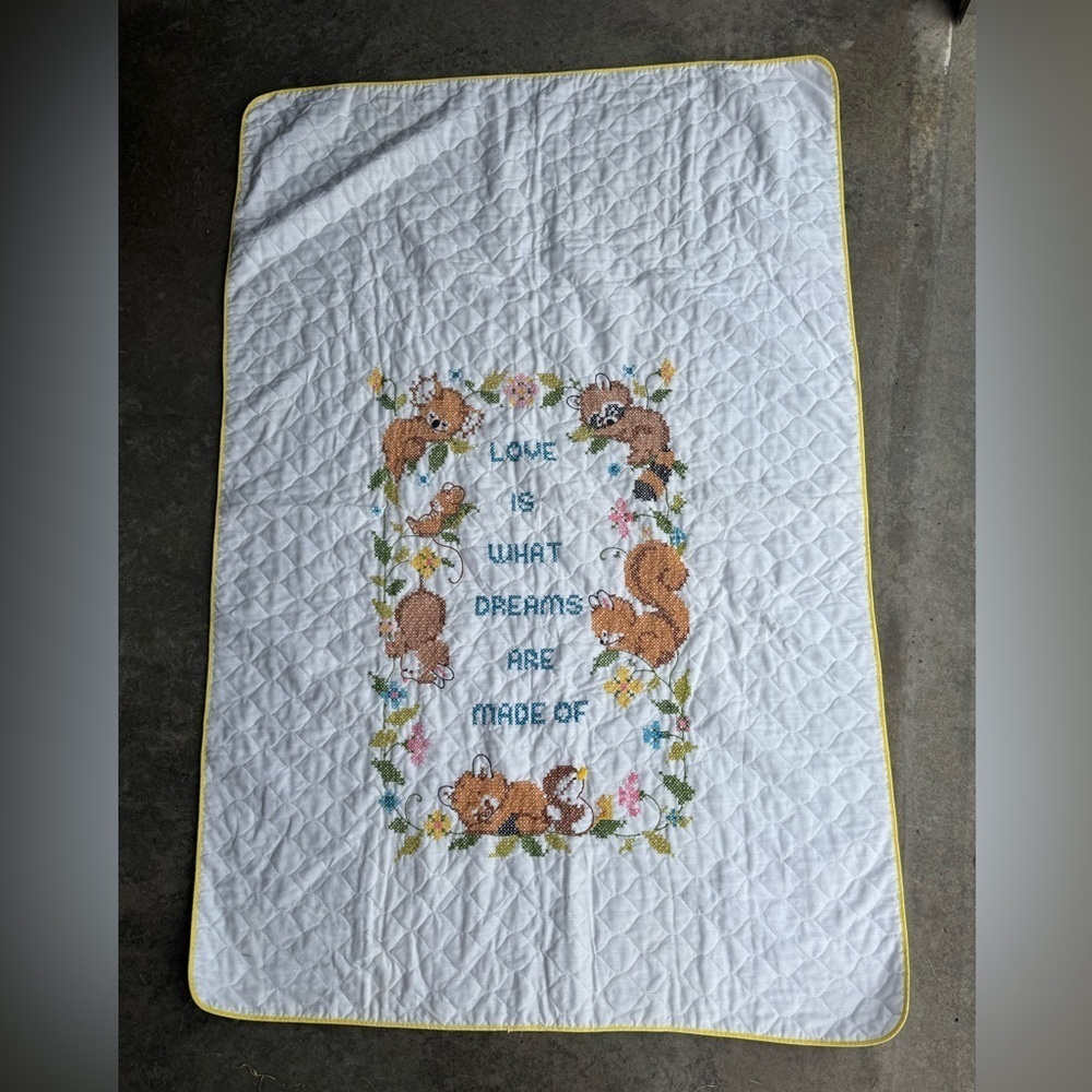 White Quilted Baby Blanket with Embroidered Animals
